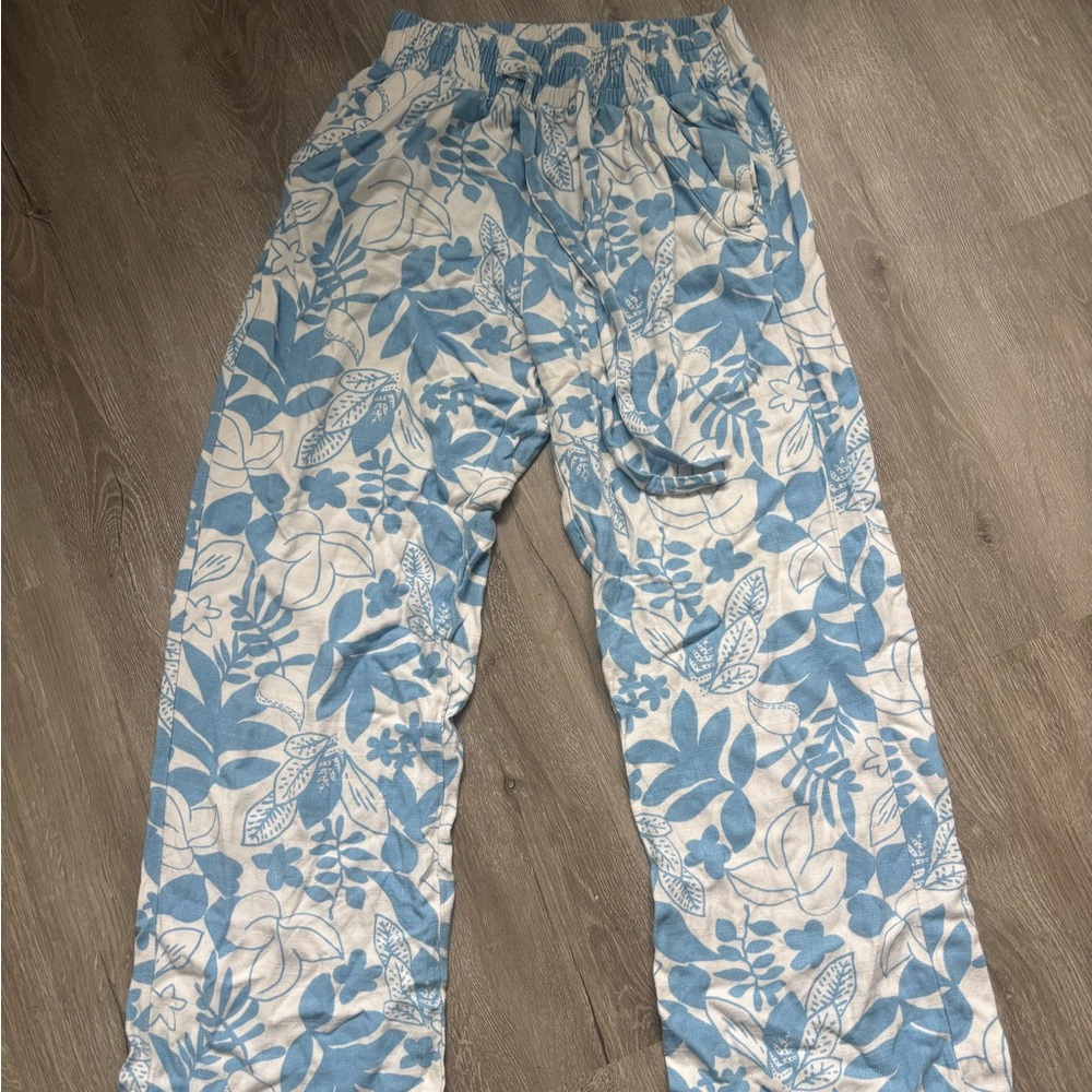 Blue and White Floral Print Pants